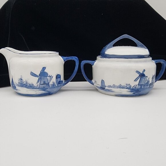Blue and White Porcelain Cream and Sugar Bowl Nautical Lighthouse Sailboat VTG - Picture 2 of 11